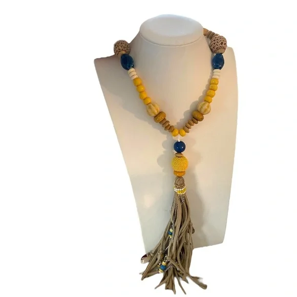 Chico's Long Wood Bead Leather Tassel Lariat Necklace Yellow Blue statement long - Picture 13 of 16